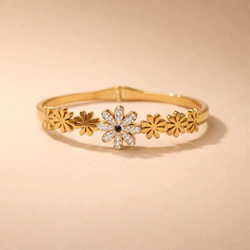 Gold Flower Bangle Bracelet