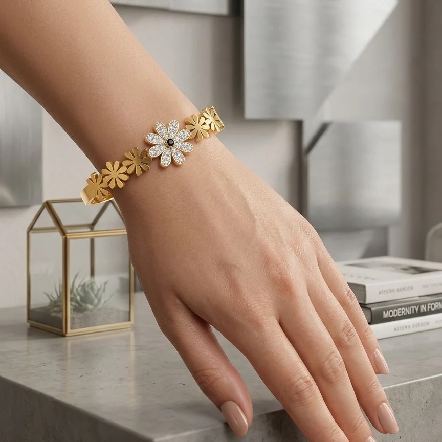 Gold Flower Bangle Bracelet - Image 2